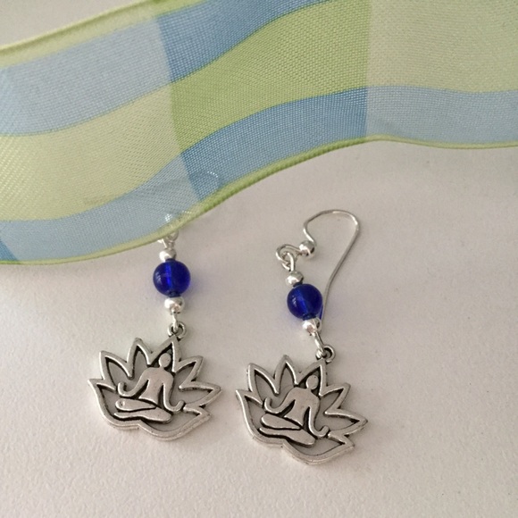 Yoga Earrings, Lotus Earrings, Cobalt Blue Earring - Picture 6 of 7